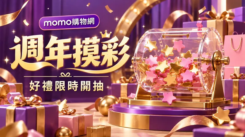 週年摸彩，好禮限時開抽；紫金背景上的摸彩筒與禮盒