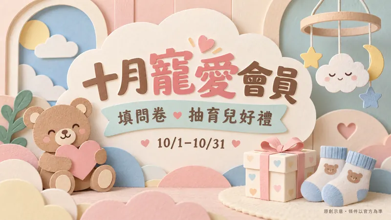 媽咪寶貝會員｜填問卷抽育兒禮箱原創紙雕立體示意；填問卷・抽育兒好禮，10/1–10/31