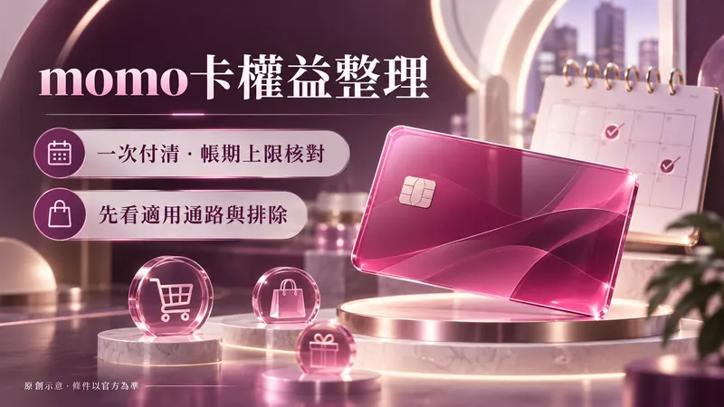 momo卡權益整理原創科技質感示意；一次付清・帳期上限核對