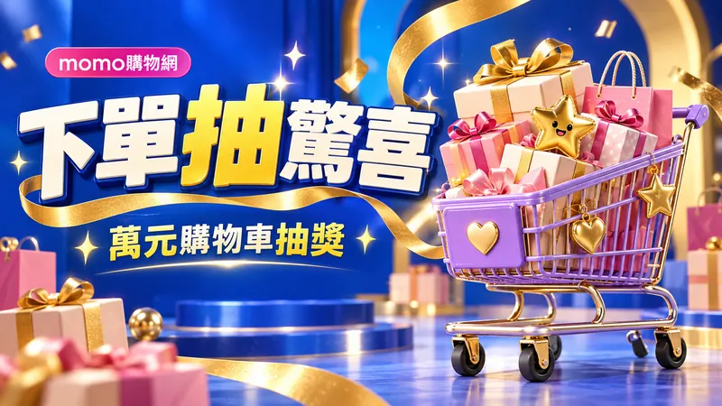 下單抽驚喜，萬元購物車抽獎；藍色背景與裝滿禮盒的購物車