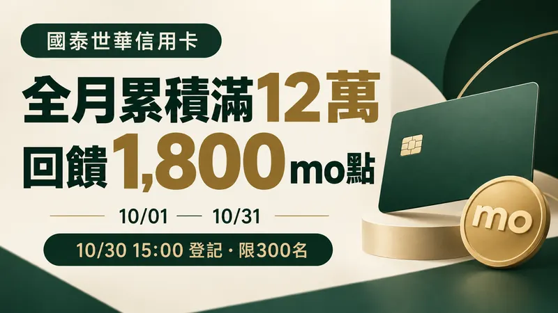 國泰世華十月回饋原創大字圖：綠金抽象信用卡，全月累積滿12萬回饋1,800 mo點，10月30日15時登記、限300名