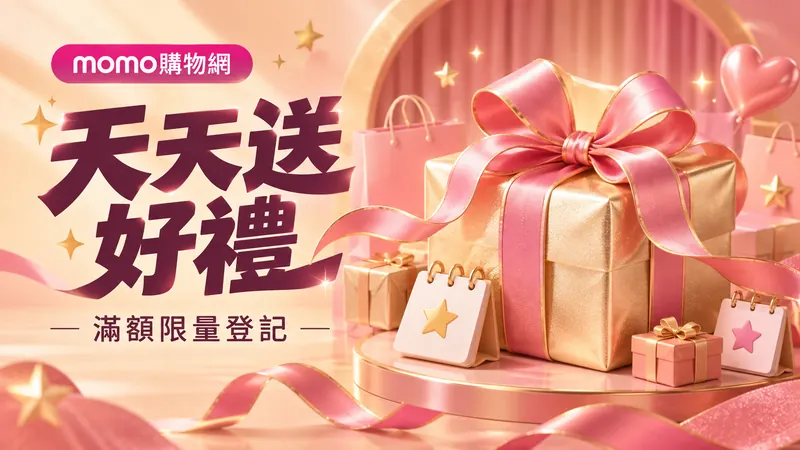 天天送好禮，滿額限量登記；杏桃色背景與金色粉紅緞帶禮盒