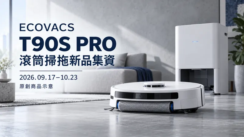 ECOVACS T90S PRO原創商品攝影風格示意：白色掃拖機與基站置於灰色客廳，集資期間9月17日至10月23日