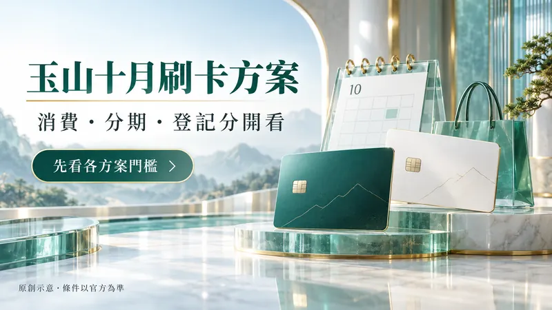 玉山十月刷卡方案原創科技質感示意；消費・分期・登記分開看