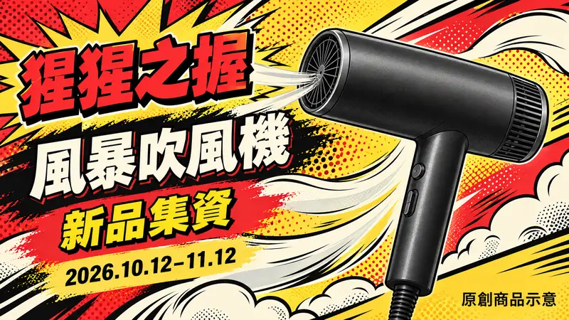 猩猩之握風暴吹風機原創漫畫普普Banner：黑灰吹風機、紅黃網點與風線，標示10月12日至11月12日新品集資