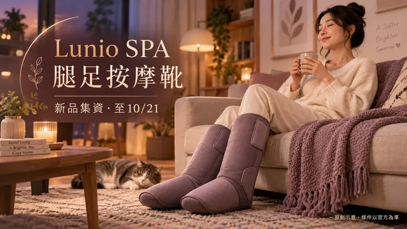 Lunio SPA｜腿足按摩靴新品原創生活情境示意；腿足按摩靴，新品集資・至10/21