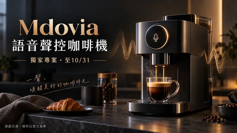 Mdovia｜語音聲控咖啡機專案原創科技質感示意；語音聲控咖啡機，獨家專案・至10/31