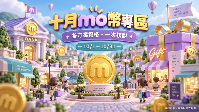 mo幣專區｜十月合作活動入口原創微縮世界示意；各方案資格・一次核對，10/1–10/31