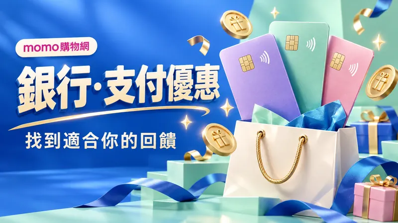 銀行與支付優惠，找到適合你的回饋；藍綠背景與彩色支付卡片