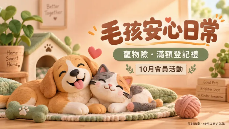 寵物險｜投保禮與滿千登記禮原創黏土玩具示意；寵物險・滿額登記禮，10月會員活動