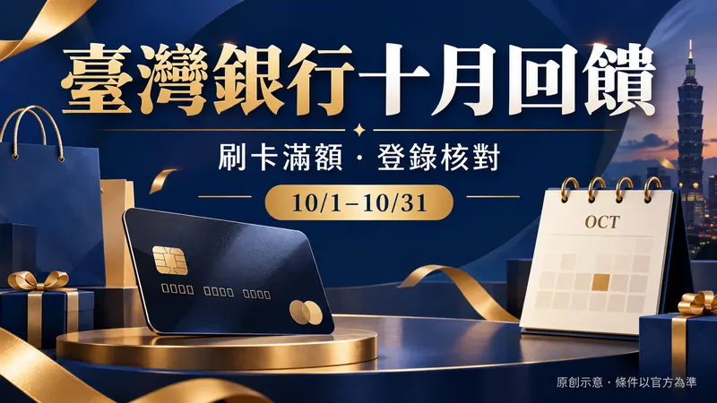臺灣銀行｜十月刷卡登記攻略原創優惠大字示意；刷卡滿額・登錄核對，10/1–10/31