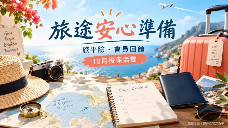 旅遊險｜滿千禮與歸戶日待確認原創生活情境示意；旅平險・會員回饋，10月投保活動