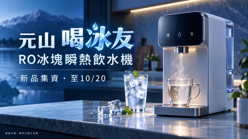 元山喝冰友｜RO飲水機回饋待確認原創科技質感示意；RO冰塊瞬熱飲水機，新品集資・至10/20