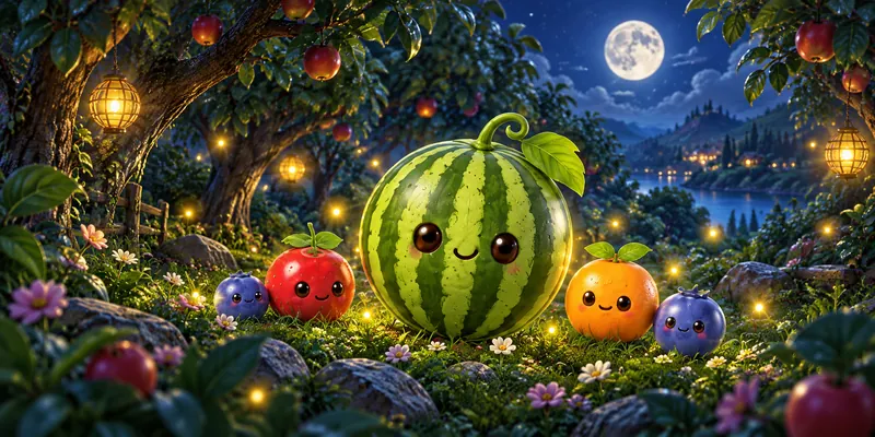 月光果園裡,微笑的西瓜和草莓、橙子、藍莓聚在一起